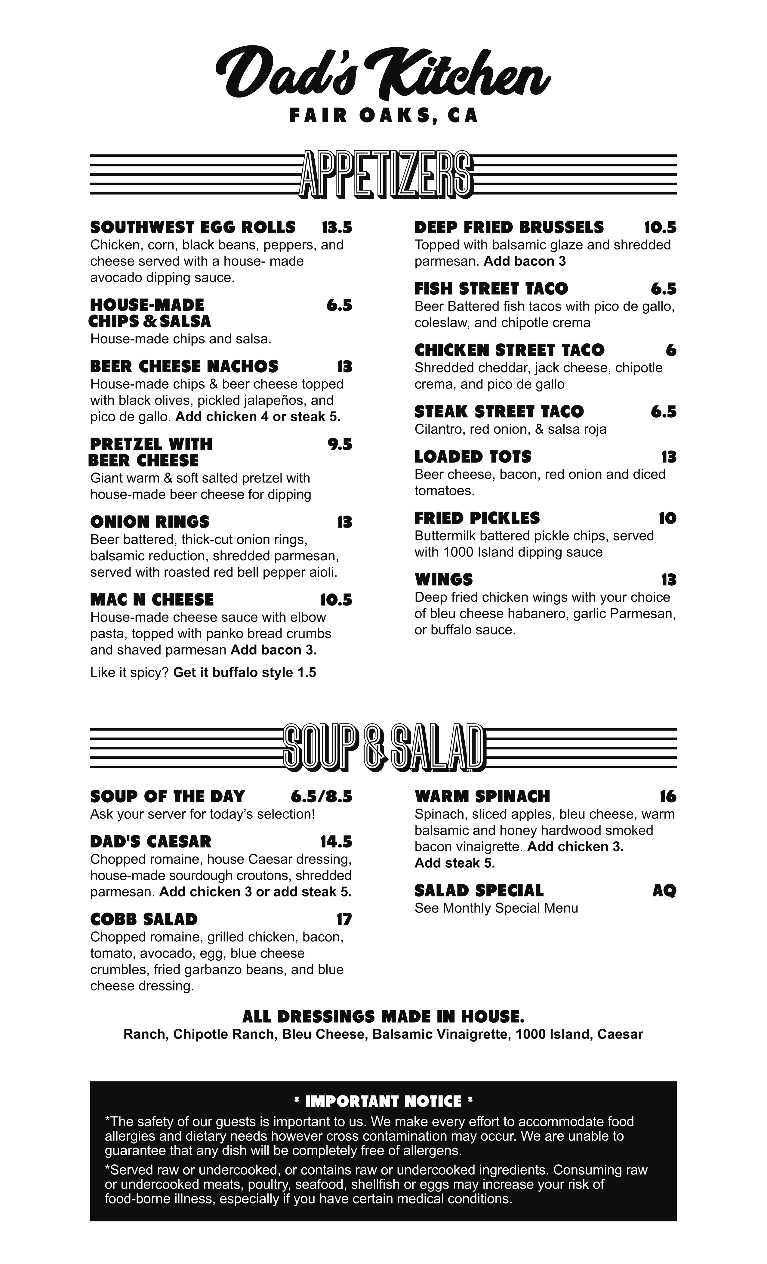 Dad's Kitchen food menu board