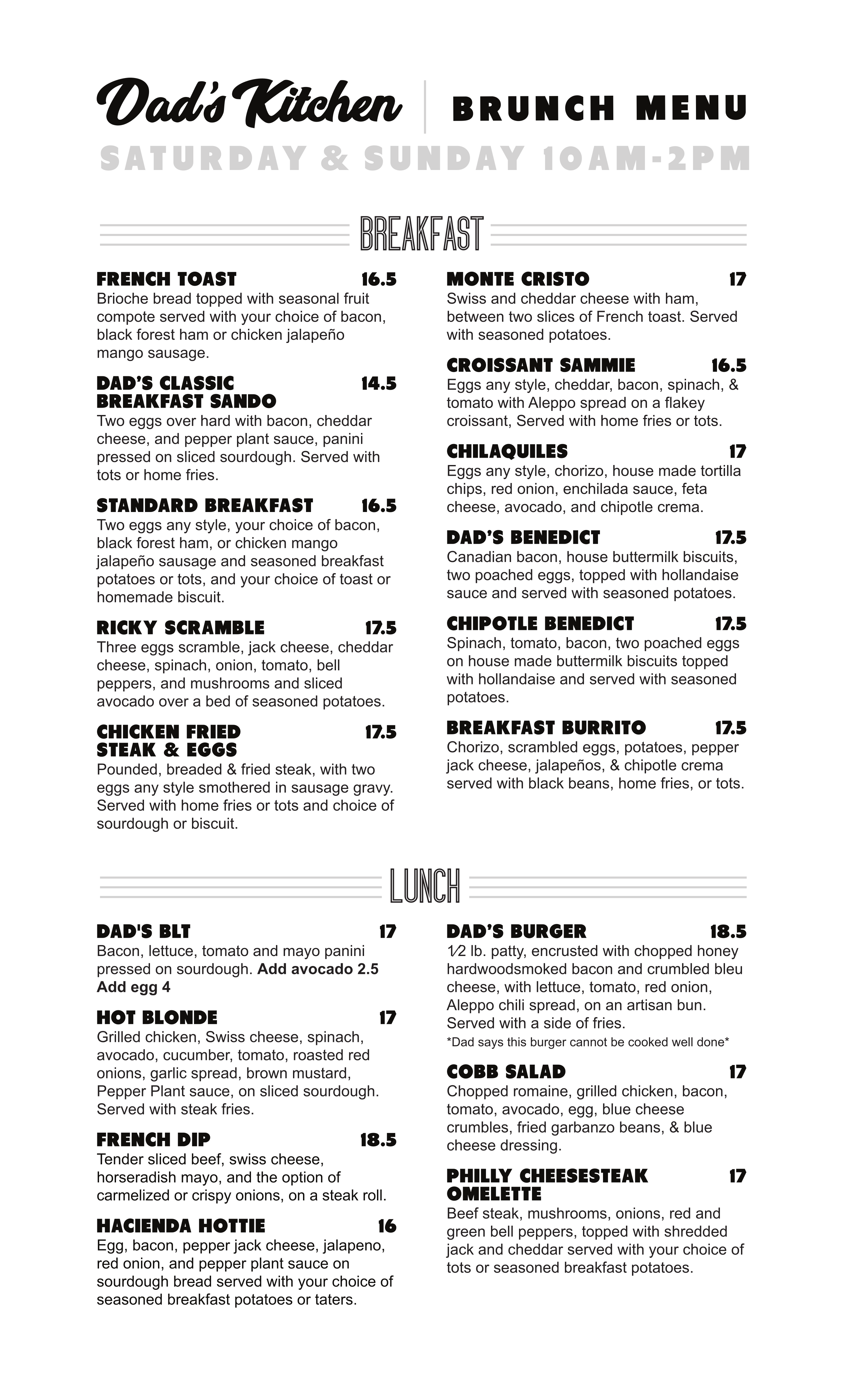 Weekend brunch menu at Dad's Kitchen